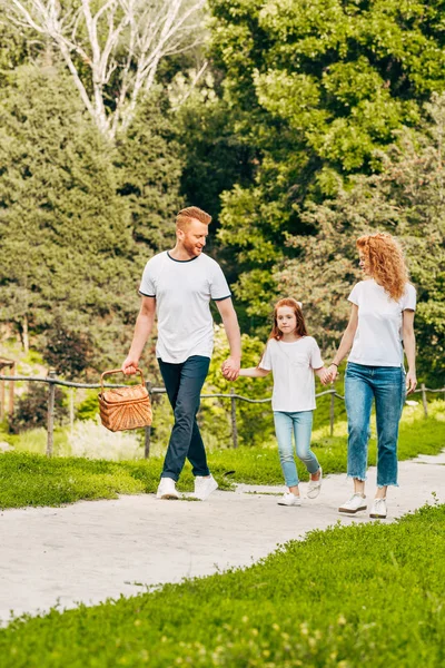 Familia feliz tomados de la mano y caminando en el picnic en el parque - foto de stock