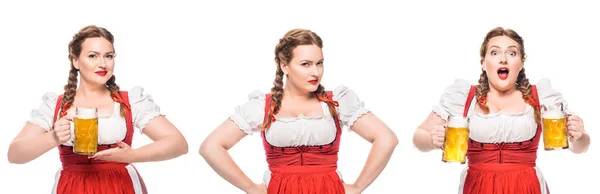 Офіціантка в традиційній баварській сукні з легким пивом у трьох різних положеннях ізольовано на білому тлі — стокове фото