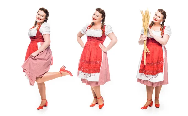 Camarera sonriente oktoberfest en vestido bavariano tradicional en tres posiciones diferentes aisladas sobre fondo blanco - foto de stock
