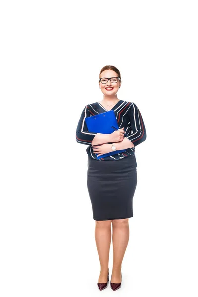 Усміхнена бізнес-леді в окулярах тримає кишеню ізольовано на білому тлі — стокове фото