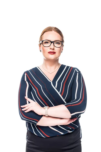 Beautiful businesswoman in eyeglasses looking at camera isolated on white background — Stock Photo