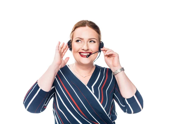 Feliz operador femenino de call center con auriculares aislados sobre fondo blanco - foto de stock