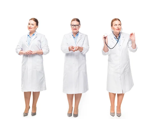 Жінка-лікар з таблетками і стетоскопом в трьох різних положеннях ізольовані на білому тлі — стокове фото