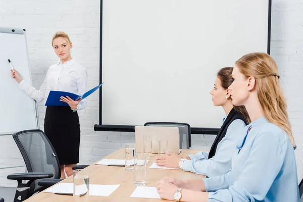 Successful lady boss making presentation for employees during conferention — Stock Photo