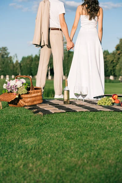 Corte para trás vista de casamento casal de mãos dadas no piquenique no gramado — Fotografia de Stock