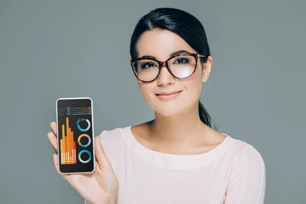 Портрет улыбающейся женщины в очках, показывающий смартфон с графикой на экране, изолированном на сером — стоковое фото