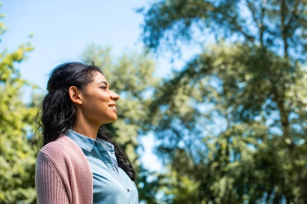 Vista de ángulo bajo de la atractiva mujer afroamericana mirando hacia otro lado en el parque - foto de stock