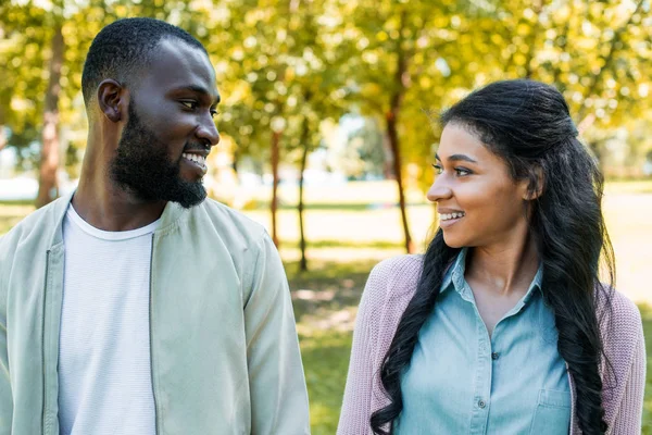 Улыбающаяся африканская американская пара смотрит друг на друга в парке — стоковое фото