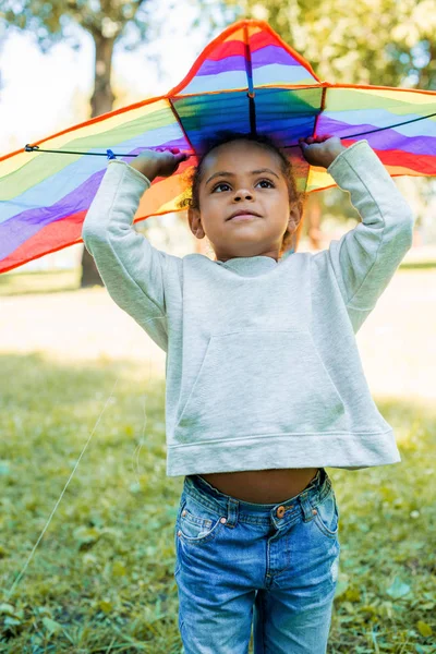 Adorável garoto afro-americano segurando pipa arco-íris acima da cabeça no parque — Fotografia de Stock