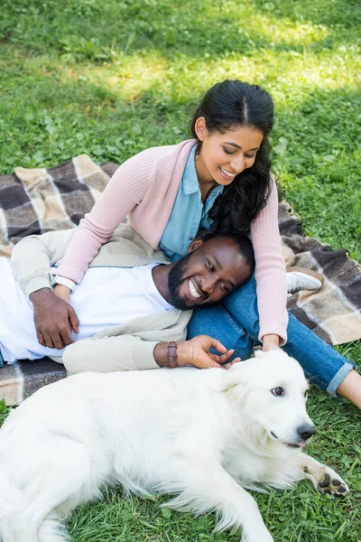 Glückliches afrikanisch-amerikanisches Paar mit Golden Retriever im Park — Stockfoto