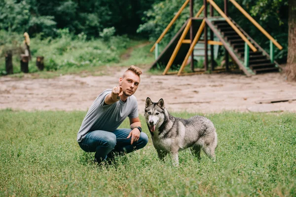 Young man showing something to husky dog in park — Stock Photo