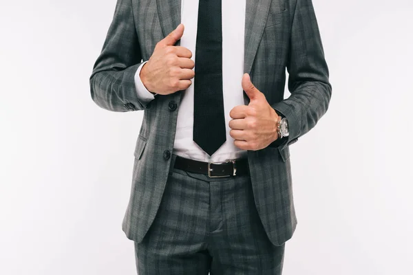Cropped image of businessman holding jacket isolated on white — Stock Photo