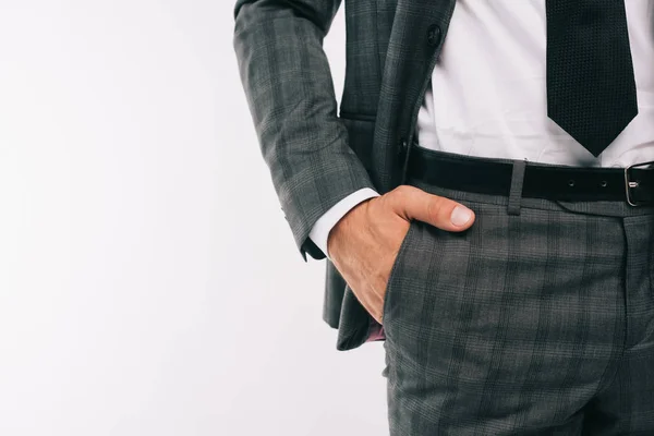 Imagen recortada de hombre de negocios de pie con la mano en el bolsillo aislado en blanco - foto de stock