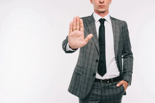 Abgeschnittenes Bild von Geschäftsmann zeigt Stoppschild isoliert auf Weiß — Stockfoto