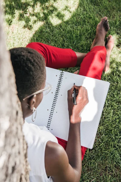 High angle view of fashionable african american businesswoman leaning on tree and writing to notebook in park — Stock Photo