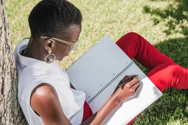 High angle view of stylish african american businesswoman leaning on tree and writing to notebook in park — Stock Photo