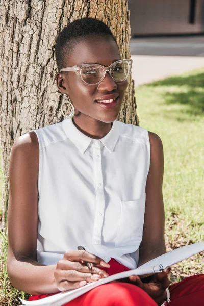 Elegante sorridente Africano americano empresária inclinada na árvore no parque e segurando notebook — Fotografia de Stock