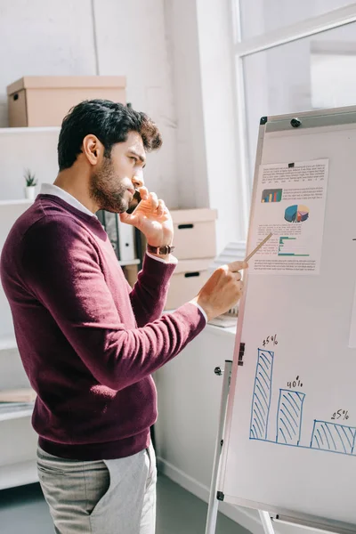 Side view of handsome designer in burgundy sweater talking by smartphone in office and pointing on flipchart — Stock Photo