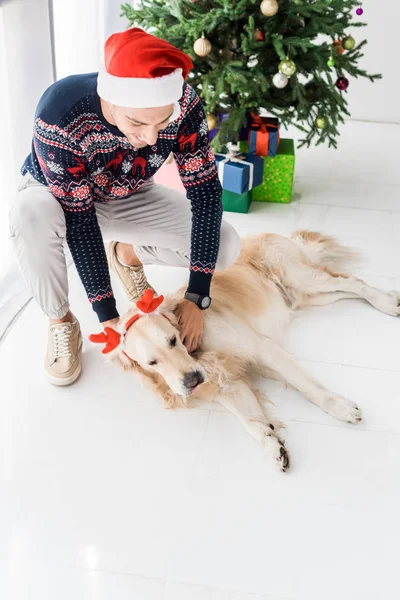 Man in christmas sweater and santa hat stroking golden retriever dog — Stock Photo