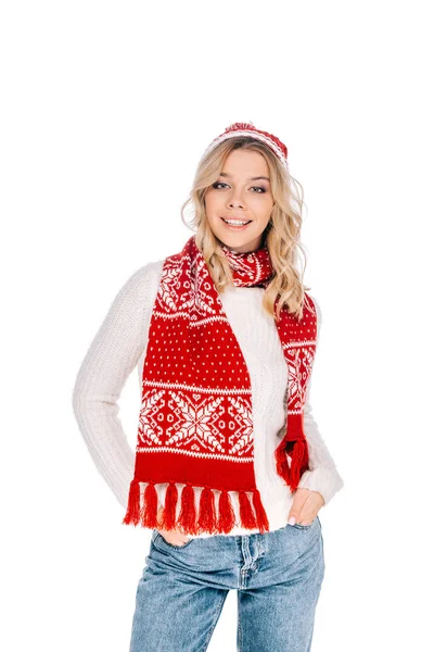 Beautiful happy young woman in scarf and hat smiling at camera isolated on white — Stock Photo