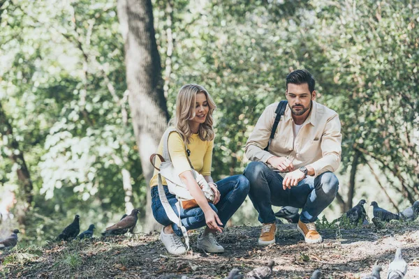 Jeune couple avec sacs à dos regardant des pigeons dans le parc — Photo de stock