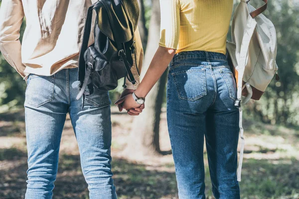 Cropped shot of couple with backpacks holding hands in park — Stock Photo