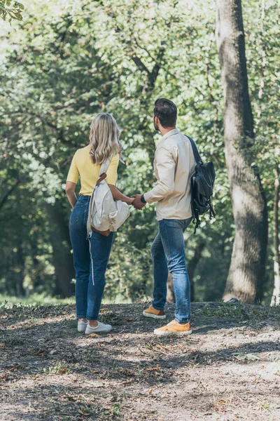 Vista trasera de pareja con mochilas cogidas de la mano mientras están de pie en el parque - foto de stock