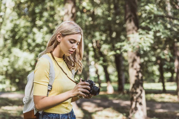 Вид збоку молодого туриста з фотоапаратом і рюкзаком в парку — стокове фото