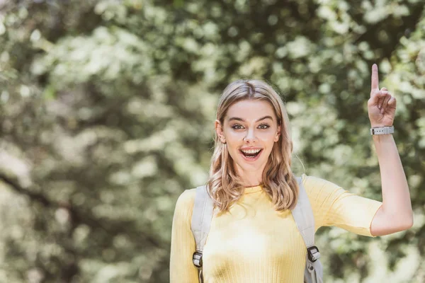 Portrait of young cheerful woman with backpack pointing up and looking at camera in park — Stock Photo