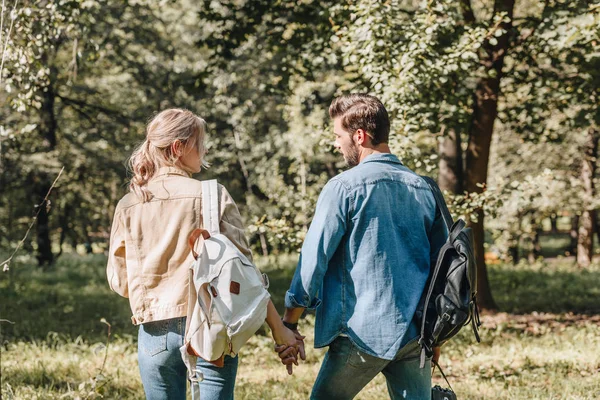 Vista posteriore di coppia romantica che si tiene per mano nel parco — Foto stock