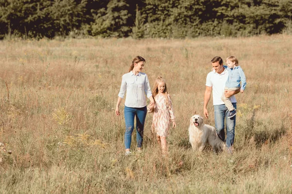 Heureux jeune famille avec golden retriever chien marche par champ ensemble — Photo de stock