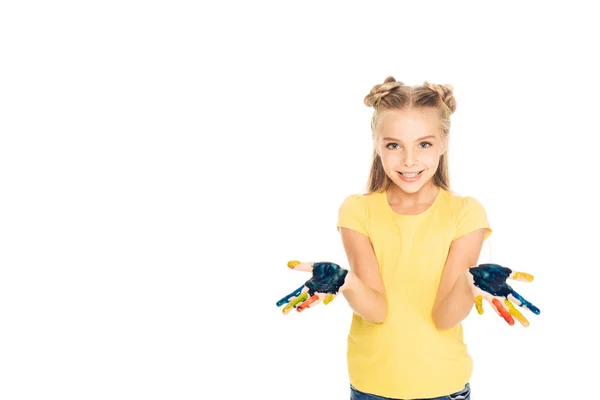 Niedliche glückliche Kind zeigt bunt bemalte Hände und lächelt in die Kamera isoliert auf weiß — Stockfoto