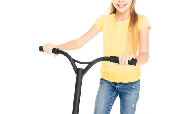 Cropped shot of happy child holding scooter isolated on white — Stock Photo