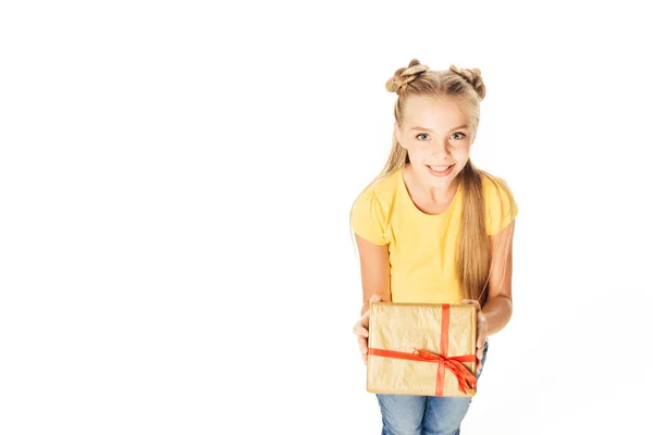 High angle view of beautiful happy child holding present and smiling at camera isolated on white — Stock Photo