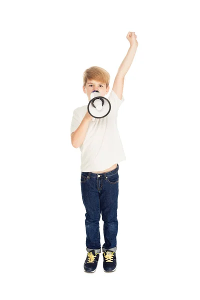 Cute kid holding loudspeaker and raising hand isolated on white — Stock Photo