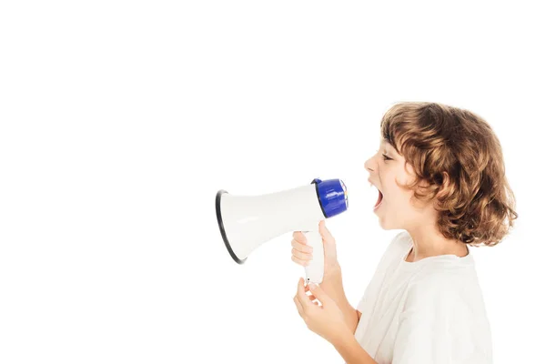 Side view of cute little boy yelling in megaphone isolated on white — Stock Photo