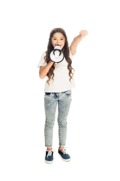 Full length view of adorable child talking in megaphone and looking at camera isolated on white — Stock Photo