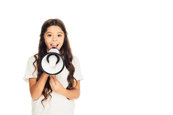 Happy child holding loudspeaker and looking at camera isolated on white — Stock Photo