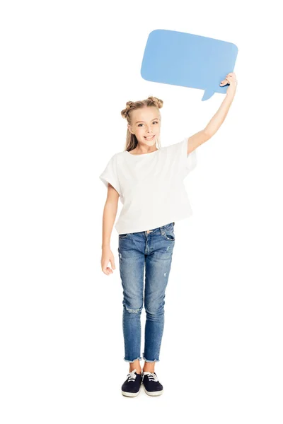 Adorable child holding paper speech bubble above head isolated on white — Stock Photo