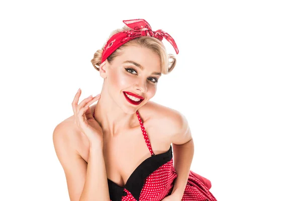 Vista ad alto angolo di elegante giovane pin up donna con labbra rosse posa isolata su bianco — Foto stock