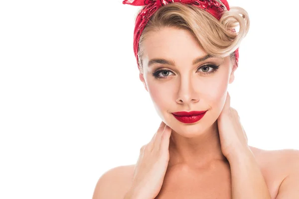 Retrato de hermosa mujer pin up con labios rojos aislados en blanco - foto de stock