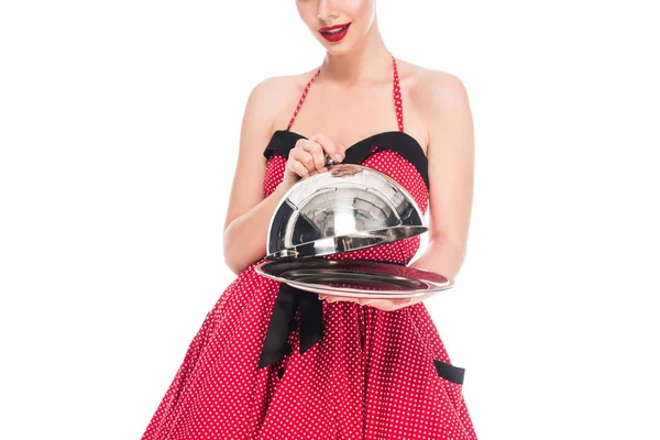 Cropped shot of pin up woman with empty serving tray isolated on white — Stock Photo