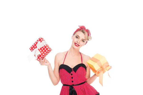 Portrait of beautiful pin up woman with wrapped presents isolated on white — Stock Photo