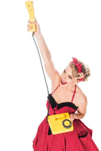 Pretty woman in pin up dress with retro telephone isolated on white — Stock Photo