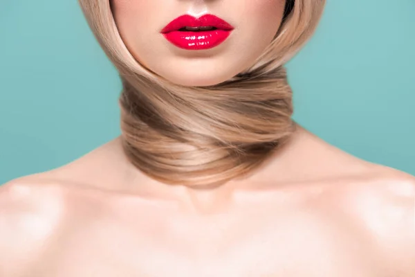 Cropped shot of young naked woman with long hair around neck isolated on blue — Stock Photo