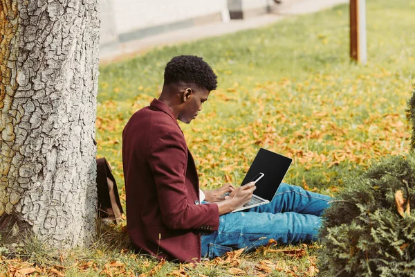 Freelancer afroamericano trabajando con laptop y smartphone en el parque - foto de stock
