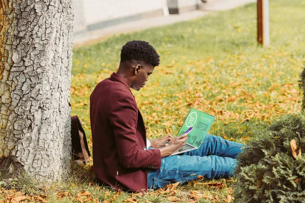 African american man shopping online with laptop and smartphone while sitting on grass in park — Stock Photo