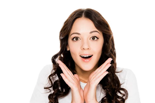 Beautiful shocked girl in white t-shirt isolated on white — Stock Photo