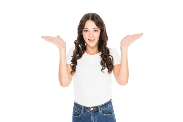 Bella giovane donna gesticolando isolato su bianco — Foto stock