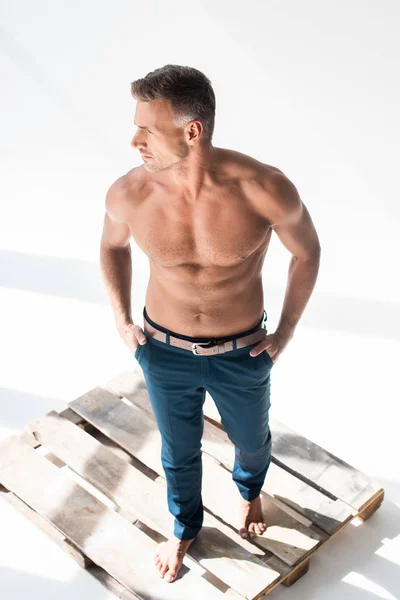 High angle view of shirtless handsome adult man standing on pallet on white and looking away — Stock Photo